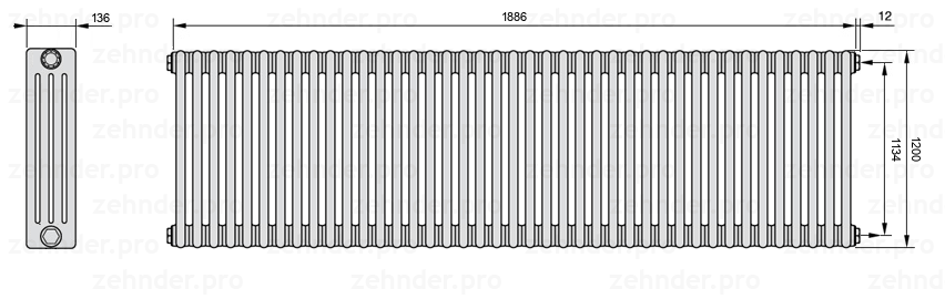 Схема (чертеж) Радиатор Zehnder Charleston 4120/41 №7610 Белый глянцевый RAL 9016